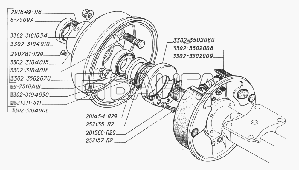 ГАЗ ГАЗ-2705 (дв. ЗМЗ-406) Схема Ступица заднего колеса с барабаном